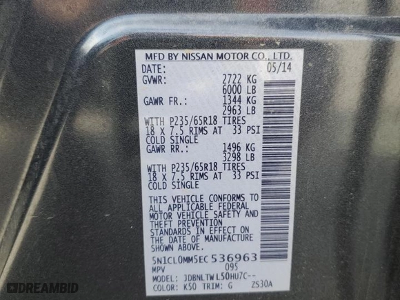 2014 Infiniti QX60 Hybrid with VIN 5N1CL0MM5EC536963, listed as a Copart auction lot 48621235 with 120,046 mi miles and Clean Title. Bid and sale history available at carsss.com. Image 14.