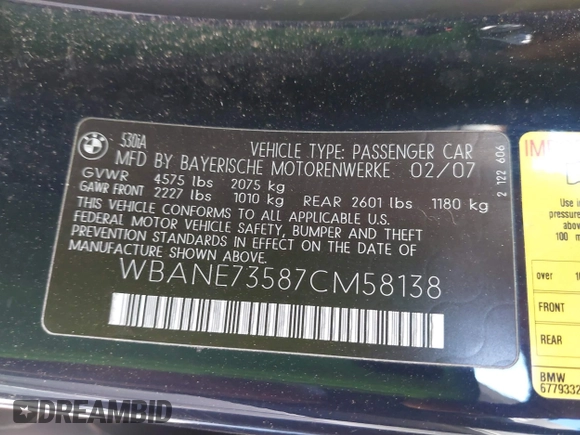 2007 BMW 5 Series 530i with VIN WBANE73587CM58138, listed as a IAAI auction lot 41776425 with 146,104 mi miles. Bid and sale history available at carsss.com. Image 9.
