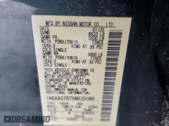 2005 Nissan Titan LE with VIN 1N6AA07B75N525086, listed as a Copart auction lot 44036025 with 169,175 mi miles and Salvage Title. Bid and sale history available at carsss.com. Image 12.
