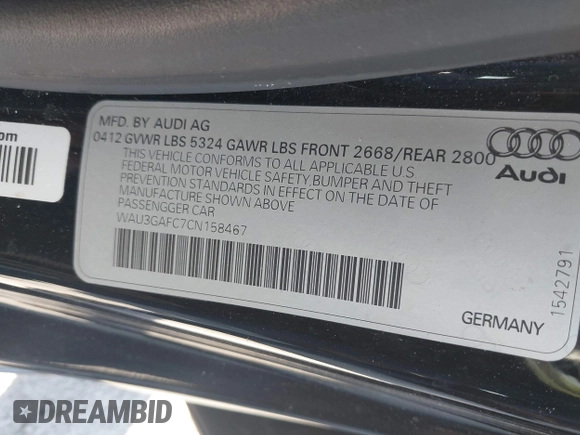 2012 Audi A7 Prestige with VIN WAU3GAFC7CN158467, listed as a IAAI auction lot 42583561 with 180,940 mi miles and . Bid and sale history available at DreamBid. Image 8.