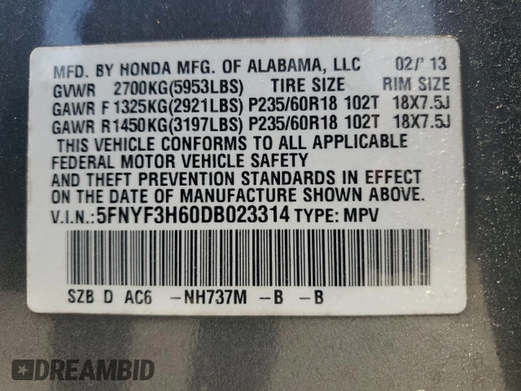 2013 Honda Pilot EX-L с VIN 5FNYF3H60DB023314, выставлен на аукционе Copart как лот 60390275 с пробегом 179 130 миль миль и Списание • Salvage title. История ставок и продаж доступна на DreamBid. Изображение 14.