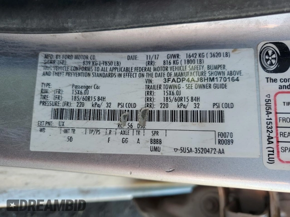 2017 Ford Fiesta S с VIN 3FADP4AJ8HM170164, выставлен на аукционе Copart как лот 56561385 с пробегом 44 962 миль миль и Списание • Salvage title. История ставок и продаж доступна на DreamBid. Изображение 12.