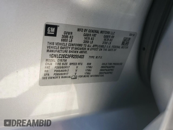 2015 Chevrolet Tahoe Commercial z VIN 1GNLC2EC3FR255403, wystawiony jako Copart lot #46354125 z przebiegiem Nie podano mil oraz Czysty tytuł • Clean title. Historia ofert i sprzedaży dostępna na DreamBid. Obrazek 13.