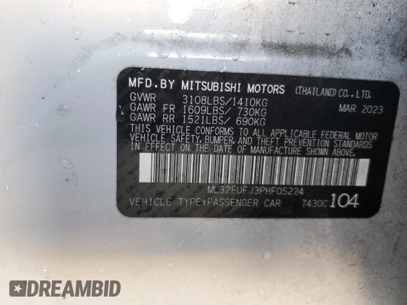 2023 Mitsubishi Mirage ES z VIN ML32FUFJ3PHF05224, wystawiony jako Copart lot #46583475 z przebiegiem 25 570 mil mil oraz Szkoda całkowita • Salvage title. Historia ofert i sprzedaży dostępna na DreamBid. Obrazek 13.
