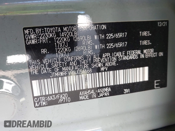 2022 Toyota RAV4 Hybrid XLE with VIN JTMRWRFV9NJ054668, listed as a IAAI auction lot 42606261 with 61,794 mi miles and . Bid and sale history available at DreamBid. Image 9.