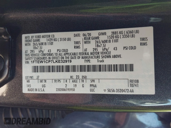 2020 Ford F-150 XL z VIN 1FTEW1CP7LKE32919, wystawiony jako IAAI lot #41082048 z przebiegiem 61 278 mil mil oraz . Historia ofert i sprzedaży dostępna na DreamBid. Obrazek 9.