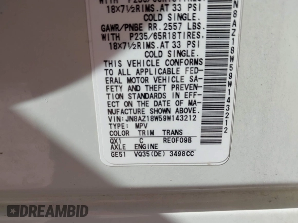 2009 Nissan Murano S with VIN JN8AZ18W59W143212, listed as a IAAI auction lot 41685041 with 163,207 mi miles and . Bid and sale history available at DreamBid. Image 9.