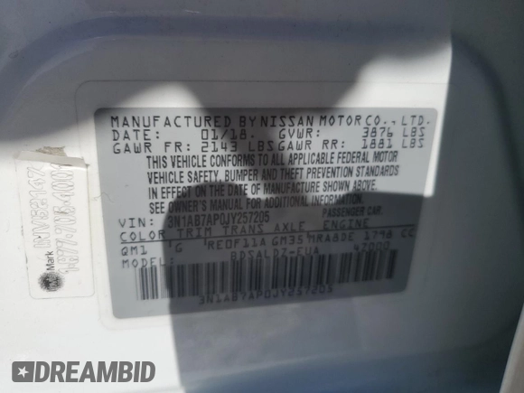 2018 Nissan Sentra SV with VIN 3N1AB7AP0JY257205, listed as a Copart auction lot 41929065 with 47,649 mi miles and Salvage Title. Bid and sale history available at DreamBid. Image 15.