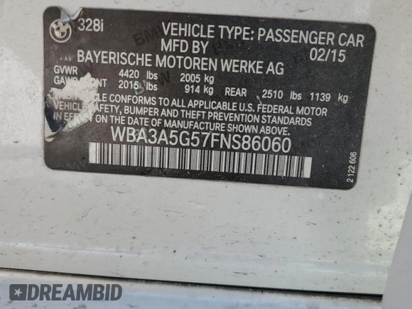 2015 BMW 3 Series 328i с VIN WBA3A5G57FNS86060, выставлен на аукционе Copart как лот 57495985 с пробегом 120 558 миль миль и Списание • Salvage title. История ставок и продаж доступна на DreamBid. Изображение 12.