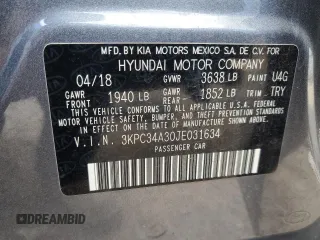 2018 Hyundai Accent Limited z VIN 3KPC34A30JE031634, wystawiony jako Copart lot #57531905 z przebiegiem 68 626 mil mil oraz Szkoda całkowita • Salvage title. Historia ofert i sprzedaży dostępna na DreamBid. Obrazek 12.