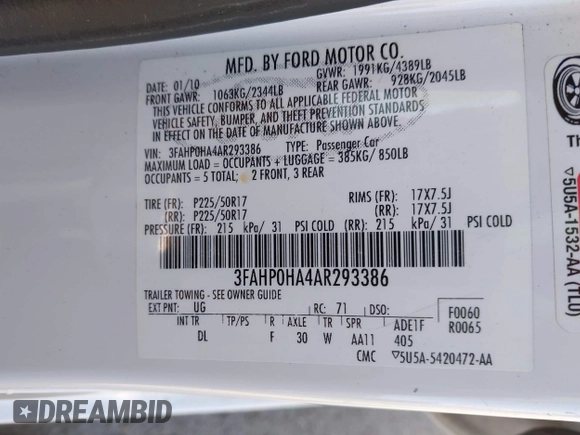 2010 Ford Fusion SE with VIN 3FAHP0HA4AR293386, listed as a IAAI auction lot 41978355 with 123,323 mi miles and . Bid and sale history available at DreamBid. Image 9.