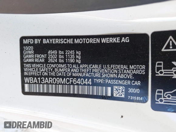 2021 BMW 4 Series M440i xDrive with VIN WBA13AR09MCF64044, listed as a IAAI auction lot 41391508 with 29,007 mi miles and . Bid and sale history available at DreamBid. Image 9.