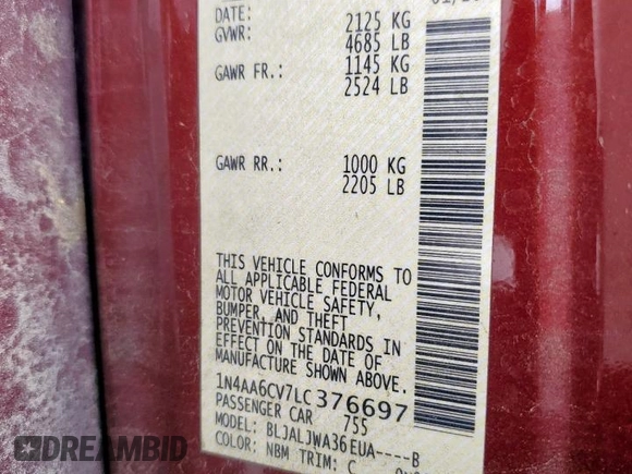 2020 Nissan Maxima SV with VIN 1N4AA6CV7LC376697, listed as a Copart auction lot 59306825 with 105,745 mi miles and Salvage title. Bid and sale history available at DreamBid. Image 12.