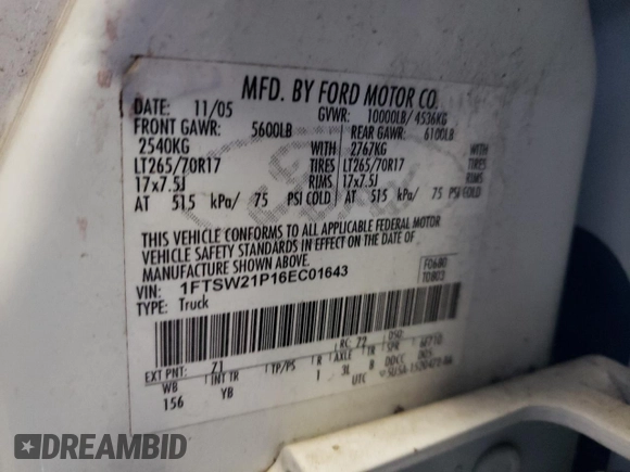 2006 Ford Super Duty F-250 XL with VIN 1FTSW21P16EC01643, listed as a Copart auction lot 43089035 with 123,873 mi miles and Salvage Title. Bid and sale history available at carsss.com. Image 12.