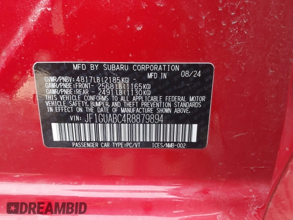 2024 Subaru Impreza with VIN JF1GUABC4R8879894, listed as a IAAI auction lot 41933734 with 6,690 mi miles and . Bid and sale history available at DreamBid. Image 9.