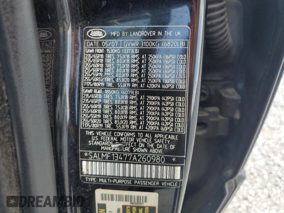 2007 Land Rover Range Rover SC z VIN SALMF13477A260980, wystawiony jako Copart lot #61795715 z przebiegiem Nie podano mil oraz Czysty tytuł • Clean title. Historia ofert i sprzedaży dostępna na DreamBid. Obrazek 13.