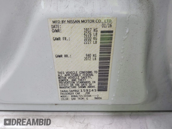 2016 Nissan Altima SR with VIN 1N4AL3AP8GC159145, listed as a IAAI auction lot 42188690 with 28,403 mi miles and . Bid and sale history available at DreamBid. Image 9.