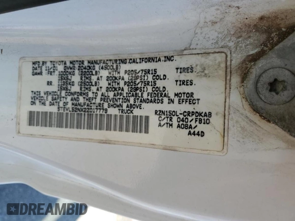 2002 Toyota Tacoma with VIN 5TEVL52NX2Z017779, listed as a Copart auction lot 43947225 with 272,365 mi miles and Salvage title. Bid and sale history available at DreamBid. Image 14.