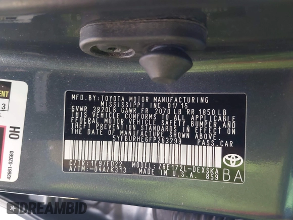 2015 Toyota Corolla L с VIN 5YFBURHE6FP263299, выставлен на аукционе IAAI как лот 42300538 с пробегом 58 285 миль миль и . История ставок и продаж доступна на DreamBid. Изображение 9.