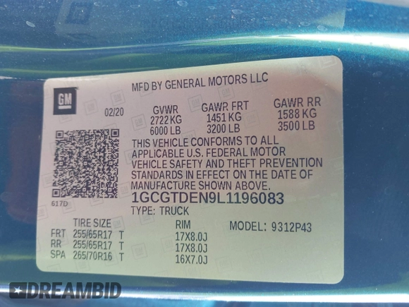 2020 Chevrolet Colorado 4WD Z71 with VIN 1GCGTDEN9L1196083, listed as a IAAI auction lot 41926213 with 44,467 mi miles and . Bid and sale history available at DreamBid. Image 9.