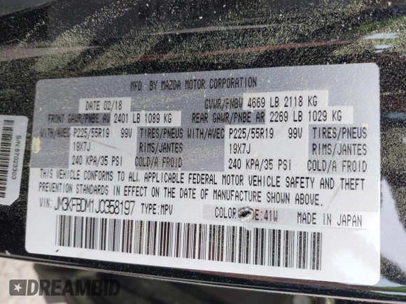 2018 Mazda CX-5 Grand Touring with VIN JM3KFBDM1J0358197, listed as a IAAI auction lot 41967940 with 148,119 mi miles and . Bid and sale history available at DreamBid. Image 9.