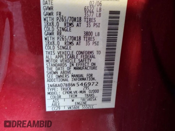 2006 Nissan Titan LE z VIN 1N6BA07B86N546972, wystawiony jako Copart lot #74983924 z przebiegiem 225 495 mil mil oraz Szkoda całkowita • Salvage title. Historia ofert i sprzedaży dostępna na DreamBid. Obrazek 14.