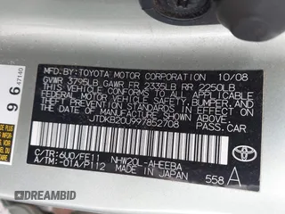 2009 Toyota Prius with VIN JTDKB20U997852708, listed as a IAAI auction lot 41939611 with 89,213 mi miles. Bid and sale history available at carsss.com. Image 9.