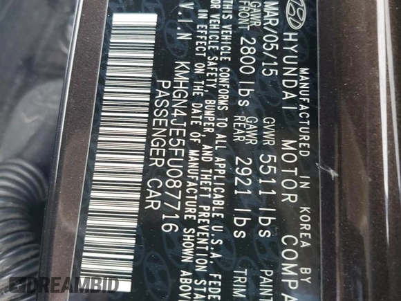 2015 Hyundai Genesis 3.8L with VIN KMHGN4JE5FU087716, listed as a Copart auction lot 52510265 with 89,878 mi miles and Salvage Title. Bid and sale history available at DreamBid. Image 12.