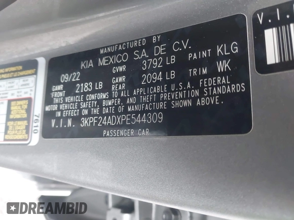 2023 Kia Forte LXS z VIN 3KPF24ADXPE544309, wystawiony jako IAAI lot #41722008 z przebiegiem 61 154 mil mil oraz . Historia ofert i sprzedaży dostępna na DreamBid. Obrazek 9.