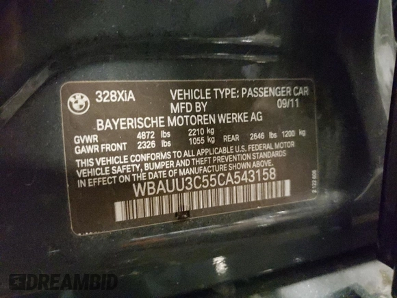 2012 BMW 3 Series 328i xDrive with VIN WBAUU3C55CA543158, listed as a Copart auction lot 57173324 with 92,648 mi miles and Clean Title. Bid and sale history available at DreamBid. Image 12.