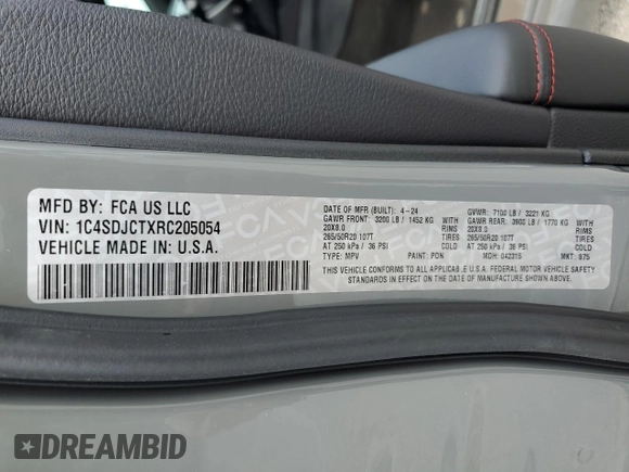 2024 Dodge Durango R/T Plus with VIN 1C4SDJCTXRC205054, listed as a Copart auction lot 68358024 with 18 mi miles and Salvage title. Bid and sale history available at DreamBid. Image 13.
