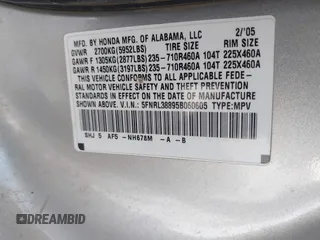 2005 Honda Odyssey TOURING with VIN 5FNRL38895B060605, listed as a IAAI auction lot 41809330 with 228,487 mi miles. Bid and sale history available at carsss.com. Image 9.