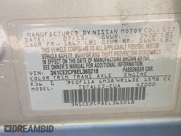 2014 Nissan Note SV with VIN 3N1CE2CP8EL365218, listed as a IAAI auction lot 42131926 with 100,775 mi miles and . Bid and sale history available at DreamBid. Image 9.