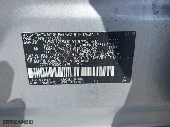 2010 Toyota RAV4 with VIN 2T3ZF4DV3AW041870, listed as a IAAI auction lot 41851080 with 199,158 mi miles. Bid and sale history available at carsss.com. Image 9.