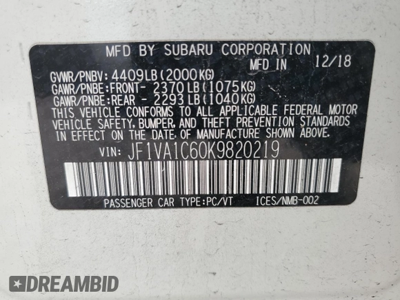 2019 Subaru WRX Premium с VIN JF1VA1C60K9820219, выставлен на аукционе Copart как лот 52358385 с пробегом 53 740 миль миль и На запчасти • Non repairable. История ставок и продаж доступна на DreamBid. Изображение 12.