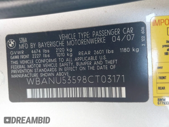 2008 BMW 5 Series 528i with VIN WBANU53598CT03171, listed as a IAAI auction lot 42086762 with 185,630 mi miles and . Bid and sale history available at carsss.com. Image 9.