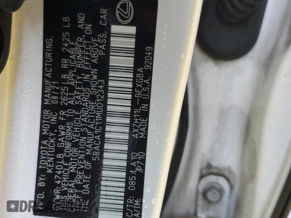 2021 Lexus ES with VIN 58ACA1C11MU012343, listed as a Copart auction lot 43613565 with 41,160 mi miles and Salvage Title. Bid and sale history available at carsss.com. Image 14.
