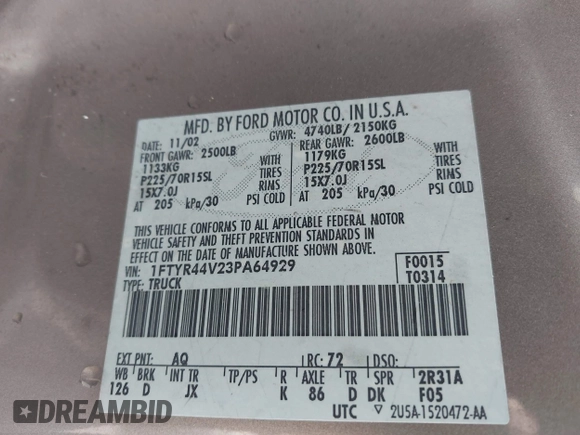 2003 Ford Ranger XL Fleet с VIN 1FTYR44V23PA64929, выставлен на аукционе IAAI как лот 42163473 с пробегом 169 144 миль миль и . История ставок и продаж доступна на DreamBid. Изображение 9.