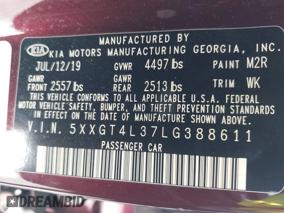 2020 Kia Optima LX with VIN 5XXGT4L37LG388611, listed as a IAAI auction lot 42741064 with 104,409 mi miles and . Bid and sale history available at DreamBid. Image 9.