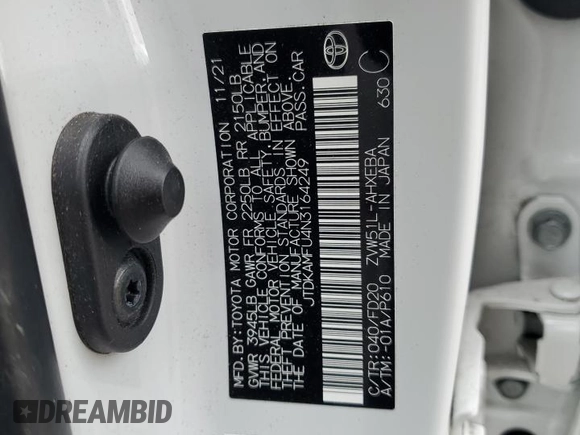 2022 Toyota Prius L Eco with VIN JTDKAMFU4N3164249, listed as a Copart auction lot 47899625 with 75,692 mi miles and Salvage Title. Bid and sale history available at carsss.com. Image 13.