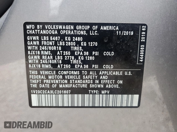 2020 Volkswagen Atlas SE with VIN 1V23C2CA3LC201607, listed as a Copart auction lot 83994094 with Not provided miles and Salvage title. Bid and sale history available at DreamBid. Image 16.