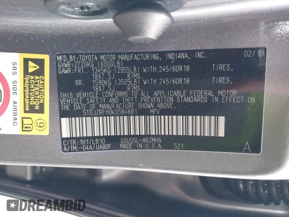 2019 Toyota Highlander SE z VIN 5TDJZRFH0KS584881, wystawiony jako IAAI lot #42016362 z przebiegiem 65 704 mil mil oraz . Historia ofert i sprzedaży dostępna na DreamBid. Obrazek 9.