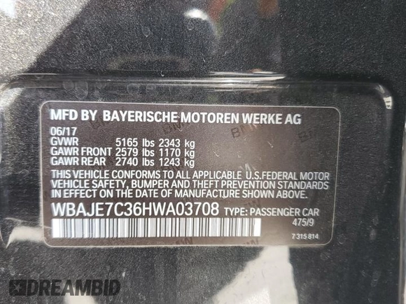 2017 BMW 5 Series 540i xDrive with VIN WBAJE7C36HWA03708, listed as a Copart auction lot 61983685 with 122,082 mi miles and Clean title. Bid and sale history available at DreamBid. Image 13.