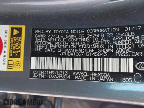 2017 Lexus ES 300h with VIN JTHBW1GG7H2145843, listed as a IAAI auction lot 41860553 with 129,906 mi miles and . Bid and sale history available at DreamBid. Image 9.