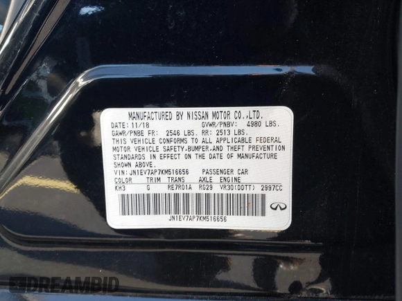 2019 Infiniti Q50 Luxe with VIN JN1EV7AP7KM516656, listed as a IAAI auction lot 42695766 with 100,206 mi miles and . Bid and sale history available at DreamBid. Image 9.
