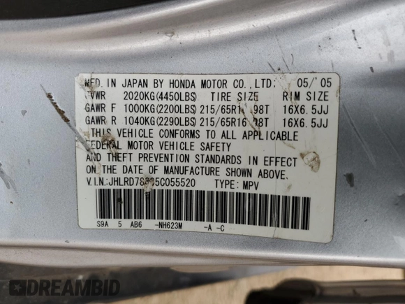 2005 Honda CR-V EX z VIN JHLRD78835C055520, wystawiony jako Copart lot #53521745 z przebiegiem 213 258 mil mil oraz Szkoda całkowita • Salvage title. Historia ofert i sprzedaży dostępna na DreamBid. Obrazek 14.
