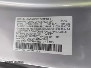 2024 Honda Odyssey EX-L with VIN 5FNRL6H67RB046630, listed as a IAAI auction lot 41933690 with 35,880 mi miles and . Bid and sale history available at DreamBid. Image 9.