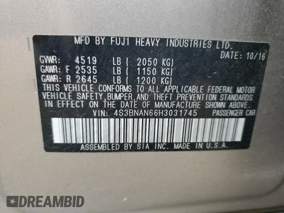 2017 Subaru Legacy Limited with VIN 4S3BNAN66H3031745, listed as a Copart auction lot 59949424 with 123,223 mi miles and Salvage Title. Bid and sale history available at DreamBid. Image 12.