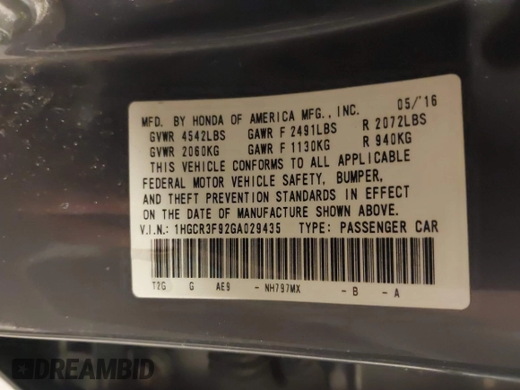 2016 Honda Accord Touring with VIN 1HGCR3F92GA029435, listed as a IAAI auction lot 42180794 with 132,658 mi miles and . Bid and sale history available at DreamBid. Image 9.
