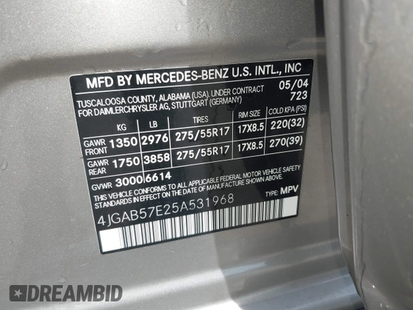 2005 Mercedes-Benz M 350 with VIN 4JGAB57E25A531968, listed as a IAAI auction lot 42152817 with 138,241 mi miles and . Bid and sale history available at DreamBid. Image 9.